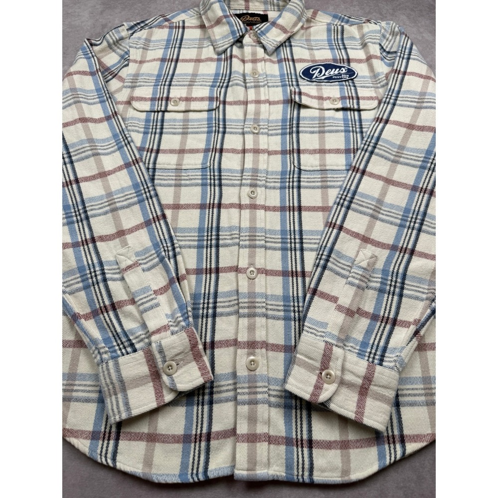 NWT*Deus Ex Machina Men M Vacay Check Shirt Blue Plaid Flannel Logo Patch Cotton